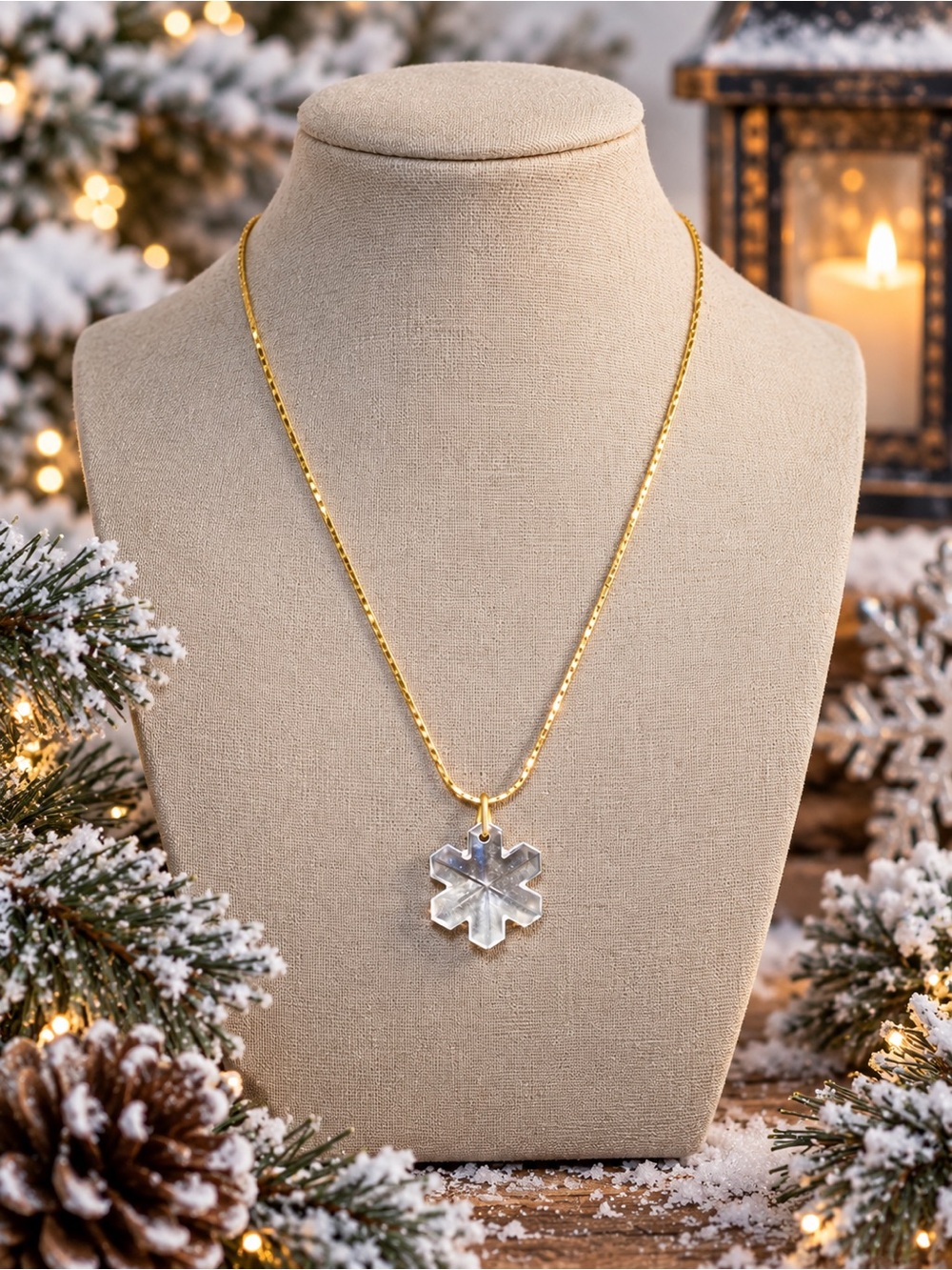Glass Snowflake Pendant Necklace Gold Tone Chain Winter Holiday Jewelry